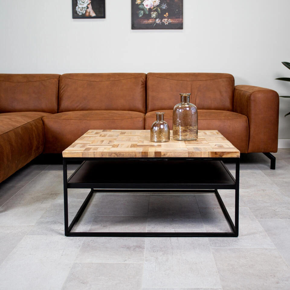 Salontafel Industrieel Vierkant Ruby 80x80 Cm - 80x80x40 Cm - Teakhout - Bruin 4 Salontafel Industrieel Vierkant Ruby 80x80 Cm - 80x80x40 Cm - Teakhout - Bruin - Afbeelding 2