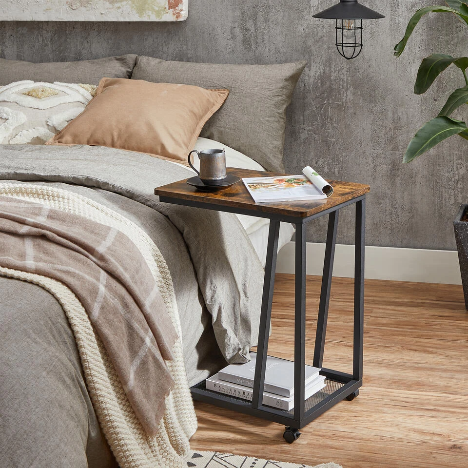 ACAZA Rollende Bijzet Tafel, Salon Tafeltje Met Wielen, Bruin / Zwart 4 ACAZA Rollende Bijzet Tafel, Salon Tafeltje Met Wielen, Bruin / Zwart - Afbeelding 2