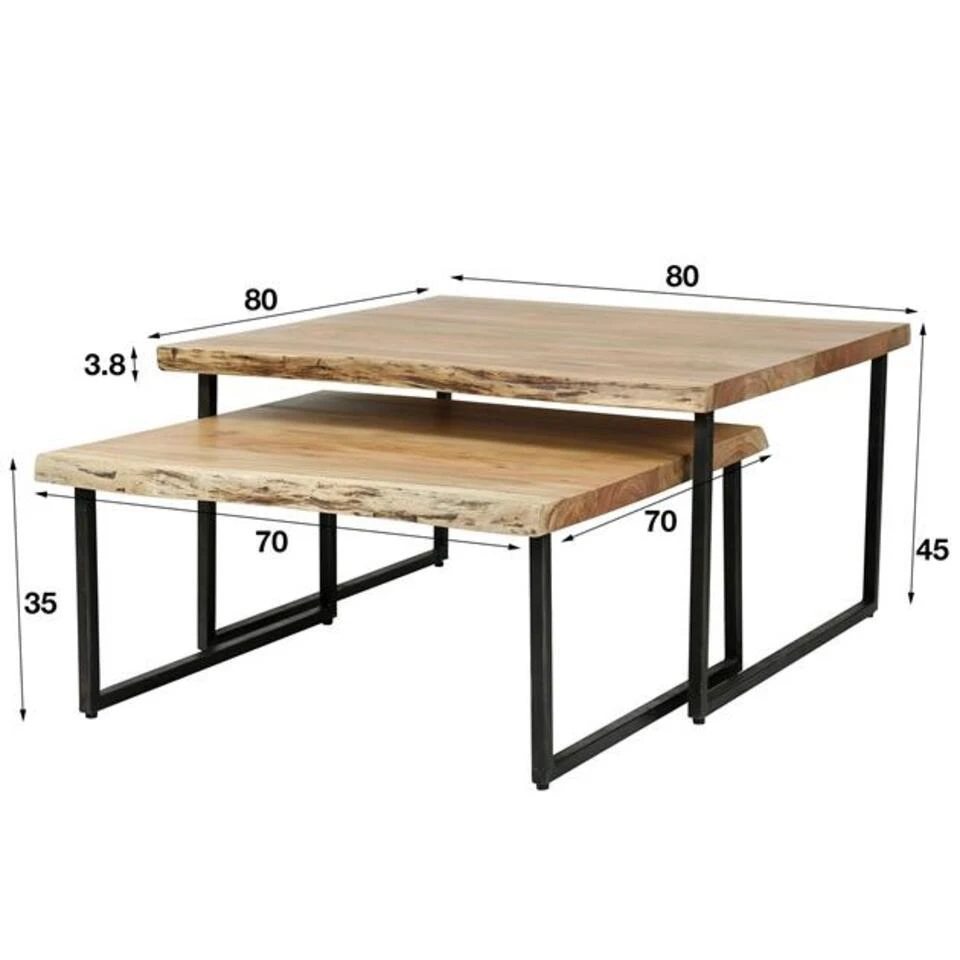 Industriële Salontafel Set Van 2 Addy Acaciahout - 80x80x45 Cm - Hout - Bruin 4 Industriële Salontafel Set Van 2 Addy Acaciahout - 80x80x45 Cm - Hout - Bruin - Afbeelding 2