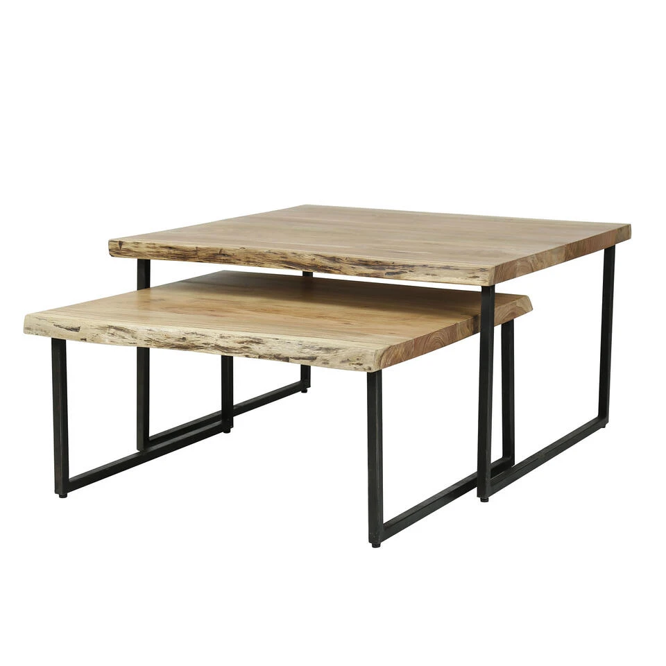 Industriële Salontafel Set Van 2 Addy Acaciahout - 80x80x45 Cm - Hout - Bruin 3 Industriële Salontafel Set Van 2 Addy Acaciahout - 80x80x45 Cm - Hout - Bruin