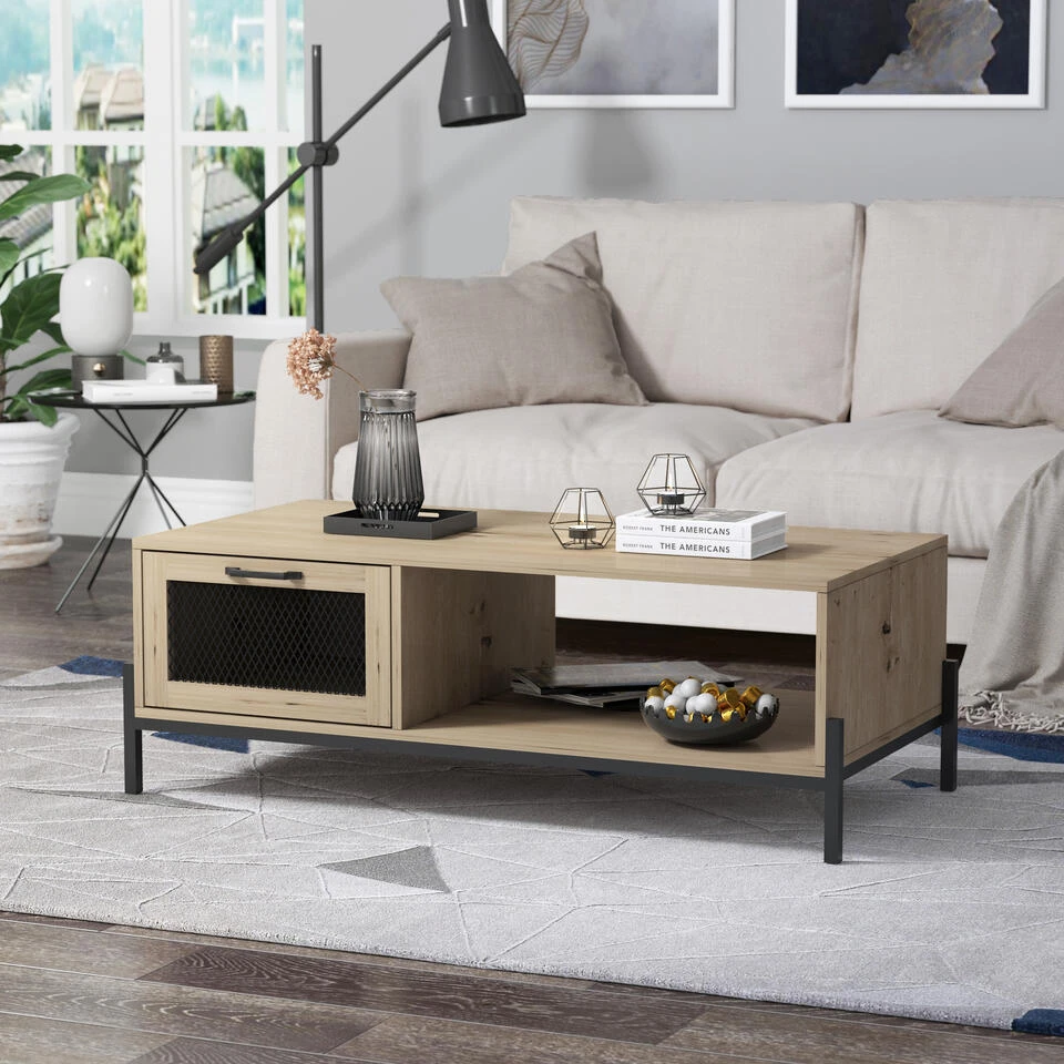 QUVIO Salontafel Met Deurtje En Open Lade - QUV1018 - Walnut Light Brown 4 QUVIO Salontafel Met Deurtje En Open Lade - QUV1018 - Walnut Light Brown - Afbeelding 2