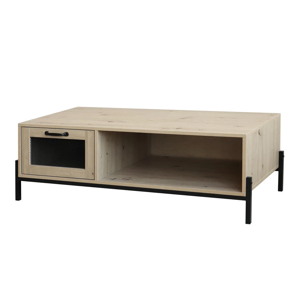 QUVIO Salontafel Met Deurtje En Open Lade - QUV1018 - Walnut Light Brown 3 QUVIO Salontafel Met Deurtje En Open Lade - QUV1018 - Walnut Light Brown