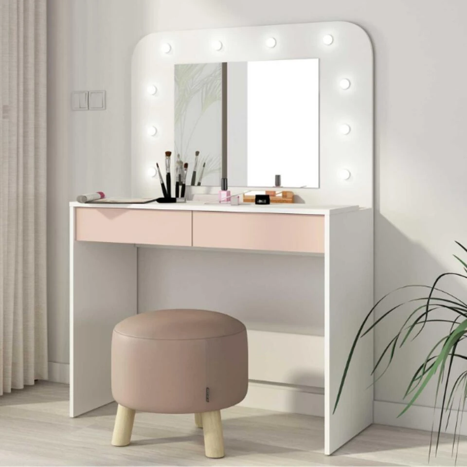 Trasman Kaptafel Holly Met Spiegel En Verlichting 2 Lades Spaanplaat - Wit/roze 4 Trasman Kaptafel Holly Met Spiegel En Verlichting 2 Lades Spaanplaat - Wit/roze - Afbeelding 2