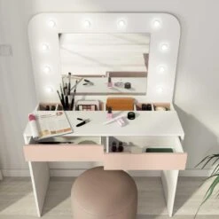 Trasman Kaptafel Holly Met Spiegel En Verlichting 2 Lades Spaanplaat - Wit/roze 9 Trasman Kaptafel Holly Met Spiegel En Verlichting 2 Lades Spaanplaat - Wit/roze -VIDAXL Verkoopwinkel 1000087343 0103