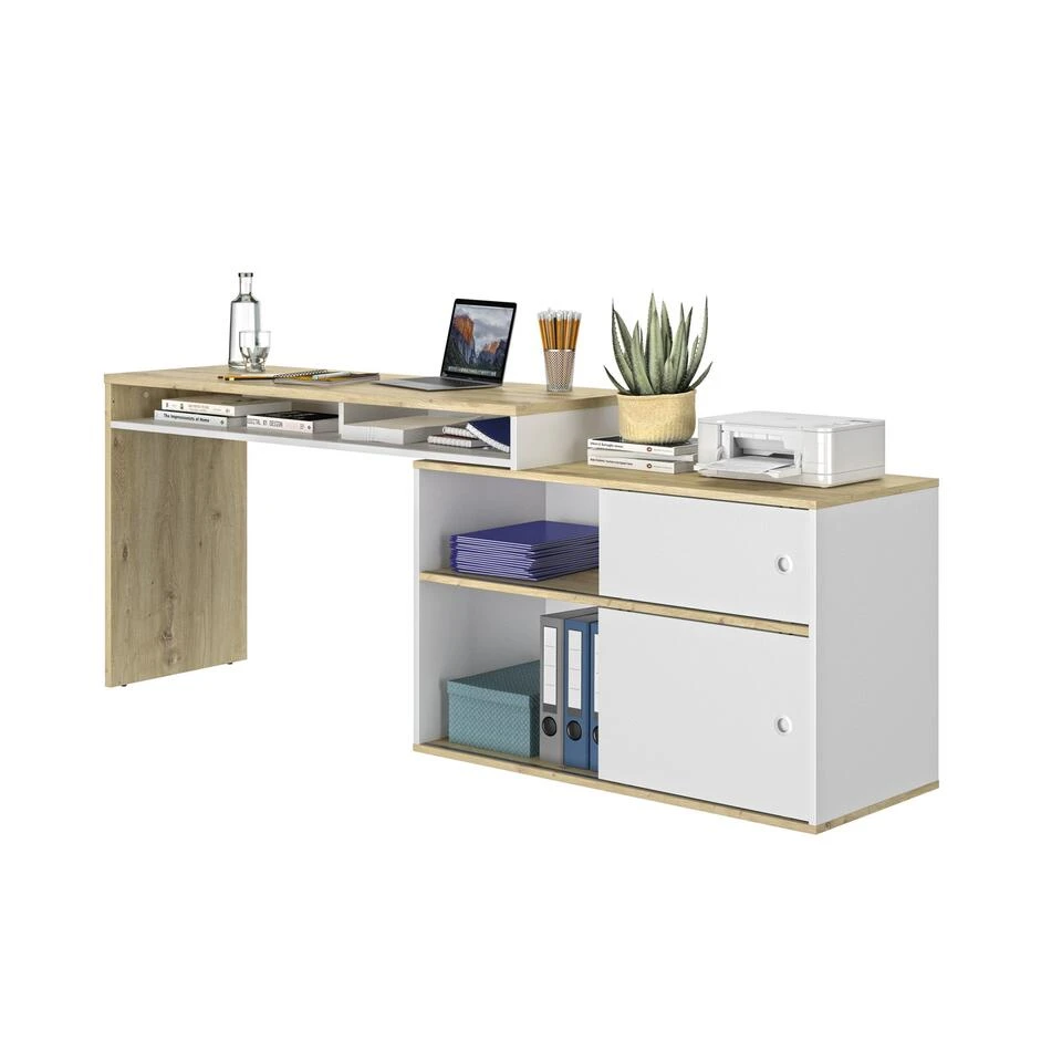 Diagone Bureau Modula - 6 Posities - 2 Schuifdeuren - Wit/eikenkleur 4 Diagone Bureau Modula - 6 Posities - 2 Schuifdeuren - Wit/eikenkleur - Afbeelding 2