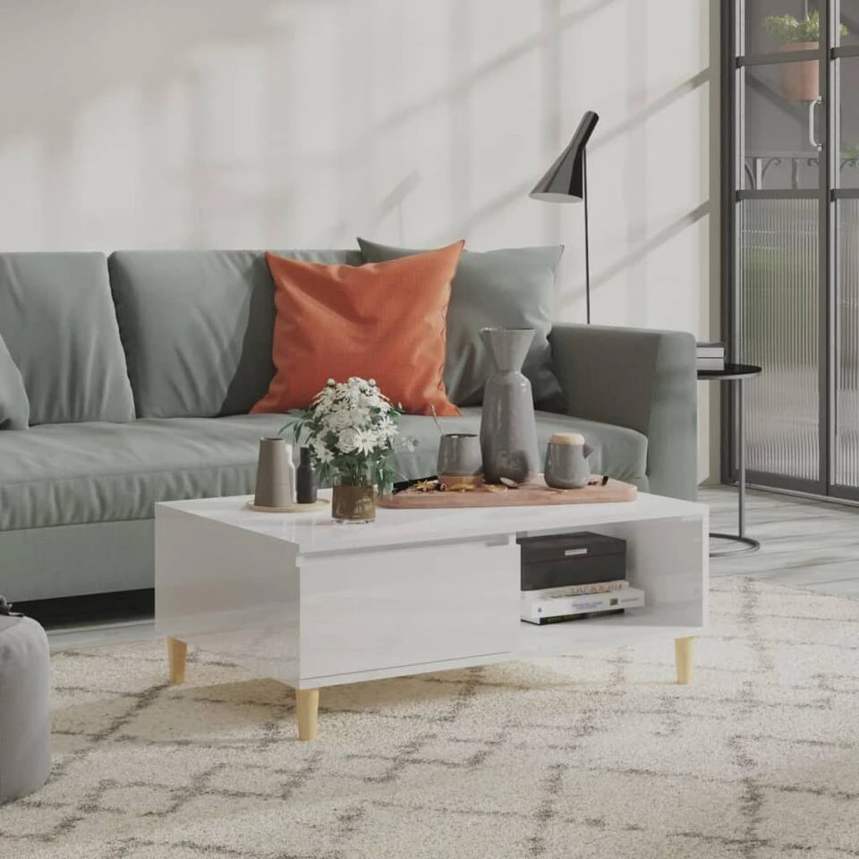 VidaXL Salontafel 90x60x35 Cm Spaanplaat Hoogglans Wit 4 VidaXL Salontafel 90x60x35 Cm Spaanplaat Hoogglans Wit - Afbeelding 2